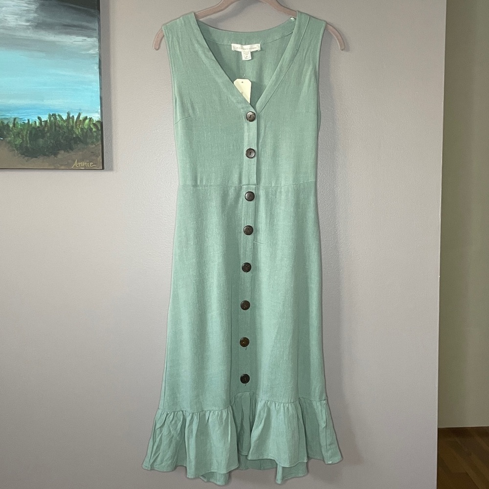 Monteau Sage Green Linen Blend Midi Dress